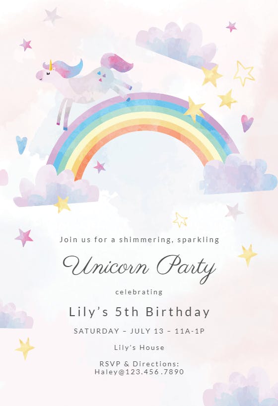 Children Birthday Girl Fifth Unicorn Rainbow Invitation Cards Invitation 5